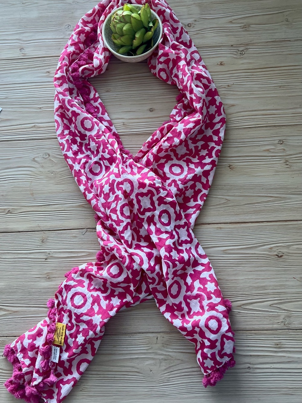 Roller Rabbit Pink Block Print Cotton Scarf Wrap Pom Pom Trim